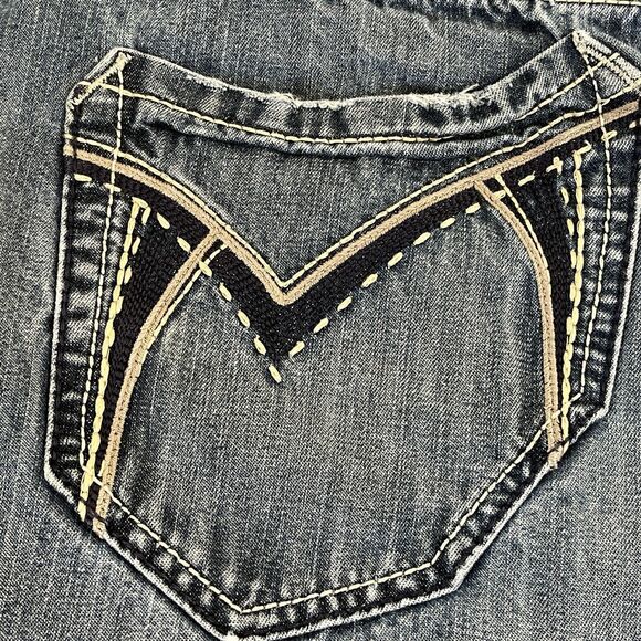 Monarchy Jeans Y2K Mens Size 40 Blue Distressed BootCut Jeans Embroidered Pocket - Picture 6 of 9